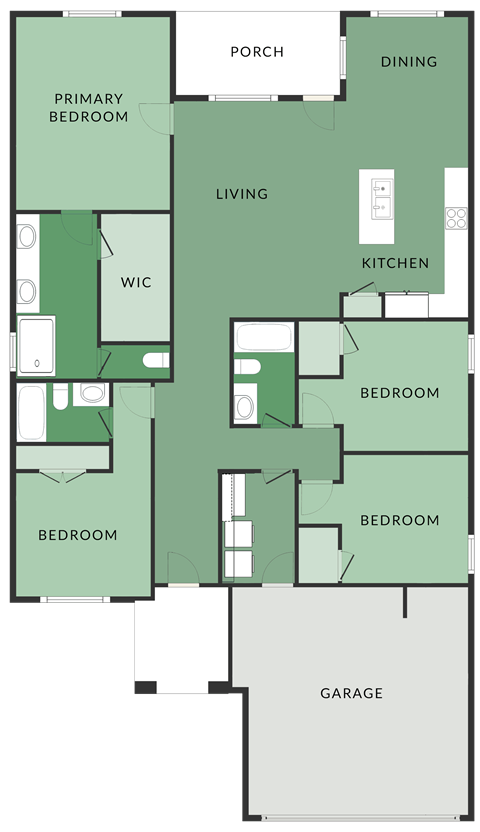 Floor plan for 4 beds, 3 baths, 1837 sqft